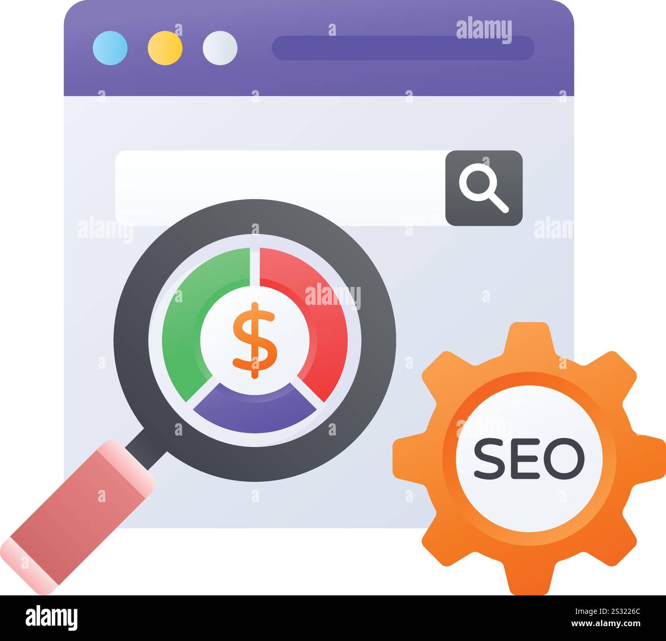 Concetto di ottimizzazione dei motori di ricerca a pagamento, indicizzazione del sito Web con design a colori vettoriale di denaro, servizio di hosting Web Symbol, Computing Machines Sign, Illustrazione Vettoriale