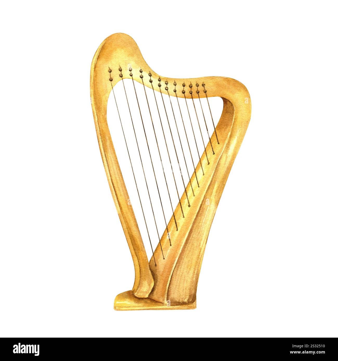 Acquerello classico in legno dell'arpa celtica irlandese sfondo isolato. Giorno di San Patrizio elemento strumentale musicale per il festival jazz Foto Stock