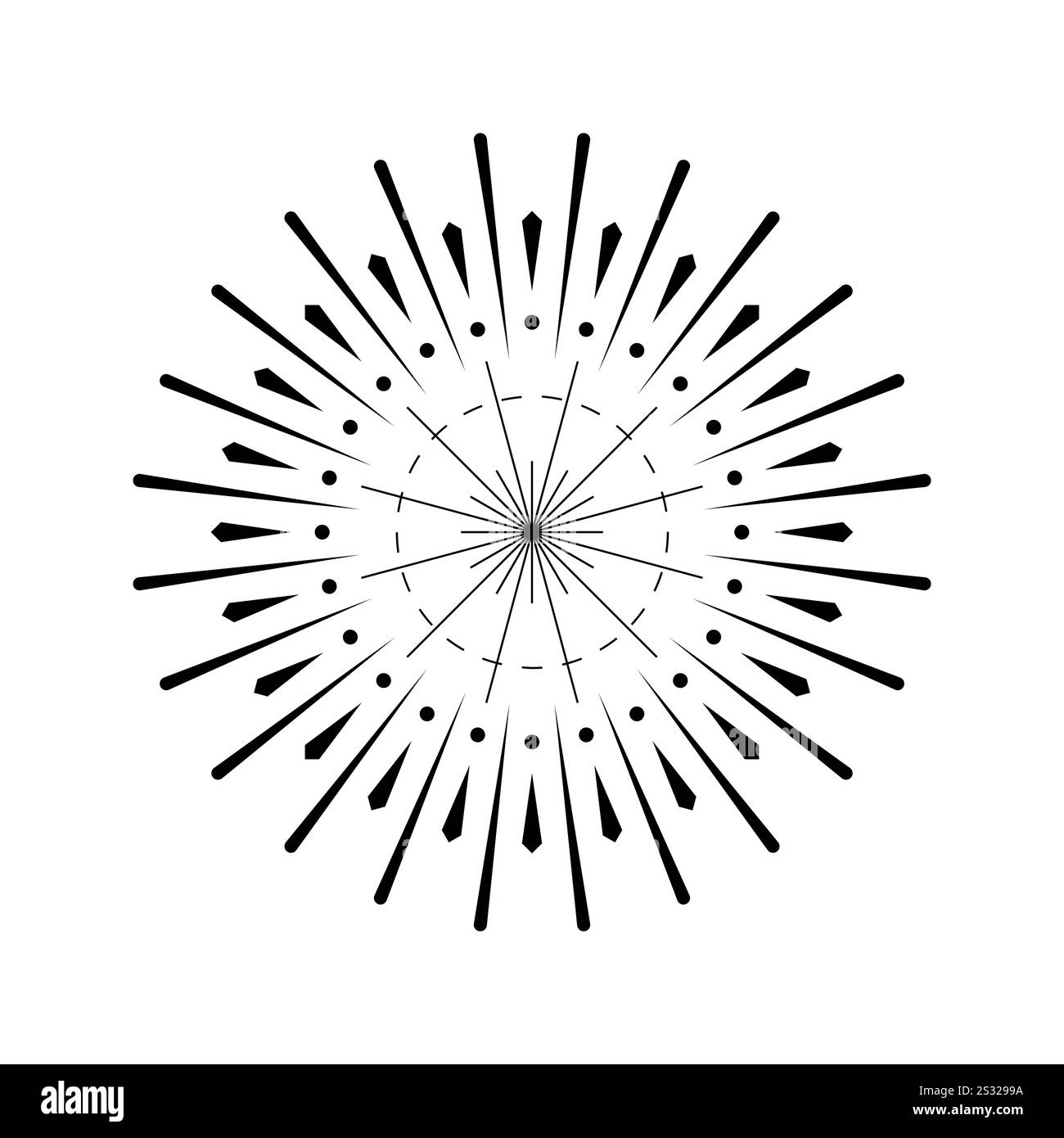 Grafica Sunburst con scintille fuochi d'artificio. Esplosione di luce radiante con design svasato circolare. Icona ispirata a Firecracker in forma isolata in bianco e nero Illustrazione Vettoriale