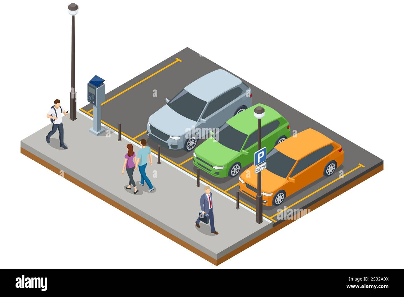 Un'illustrazione isometrica di un parcheggio affollato con più veicoli, un parchimetro e pedoni. Ambiente urbano con pagamento a energia solare Illustrazione Vettoriale