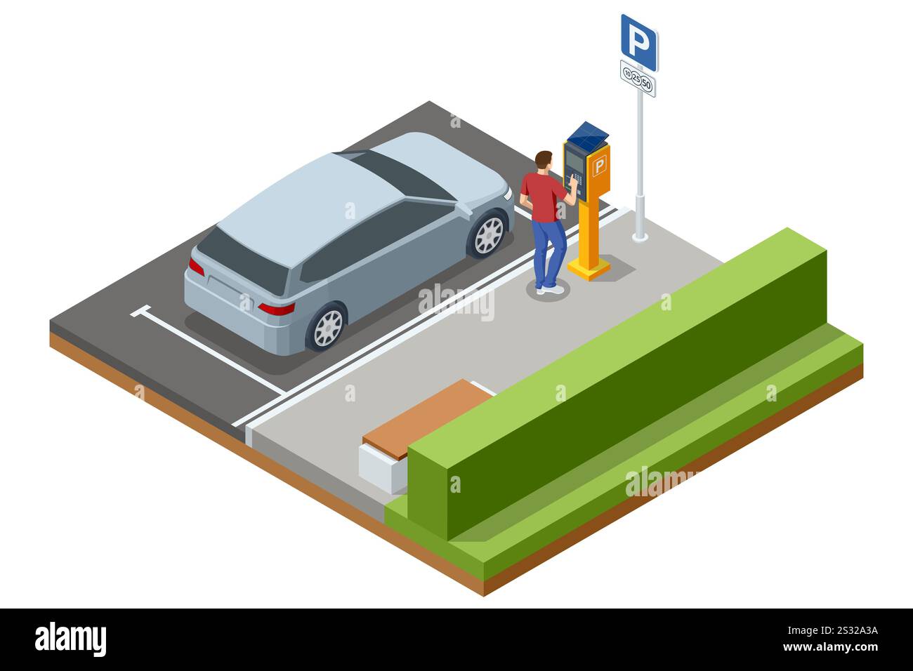 Immagine vettoriale isometrica di un uomo che utilizza un parchimetro a energia solare per pagare il parcheggio. La scena include un'auto grigia parcheggiata e una strada libera Illustrazione Vettoriale