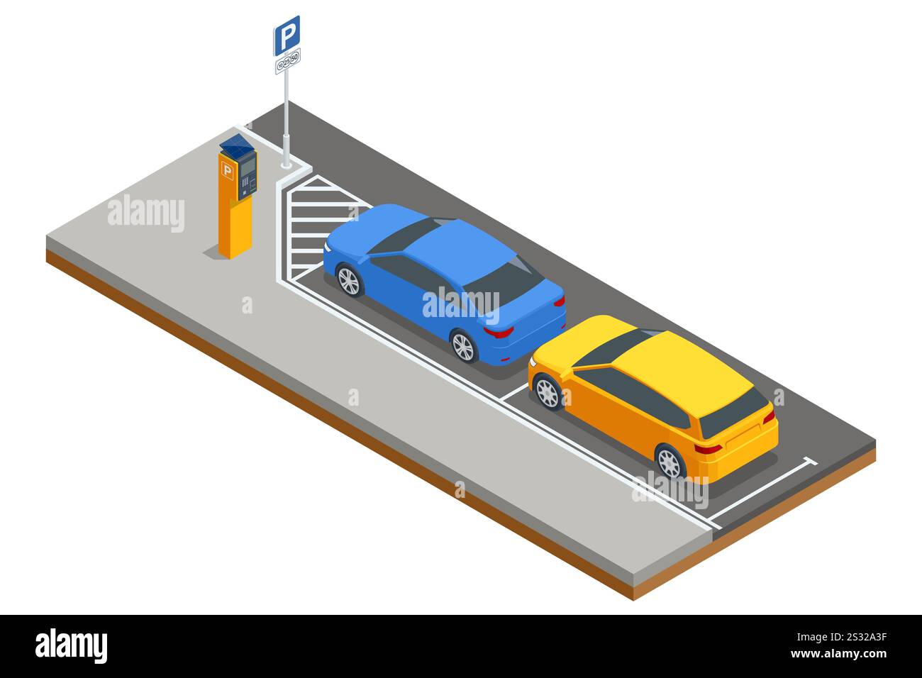 Rappresentazione isometrica vettoriale di una zona di parcheggio con due auto parcheggiate fianco a fianco e un parchimetro a pagamento. Linee pulite e strada libera Illustrazione Vettoriale