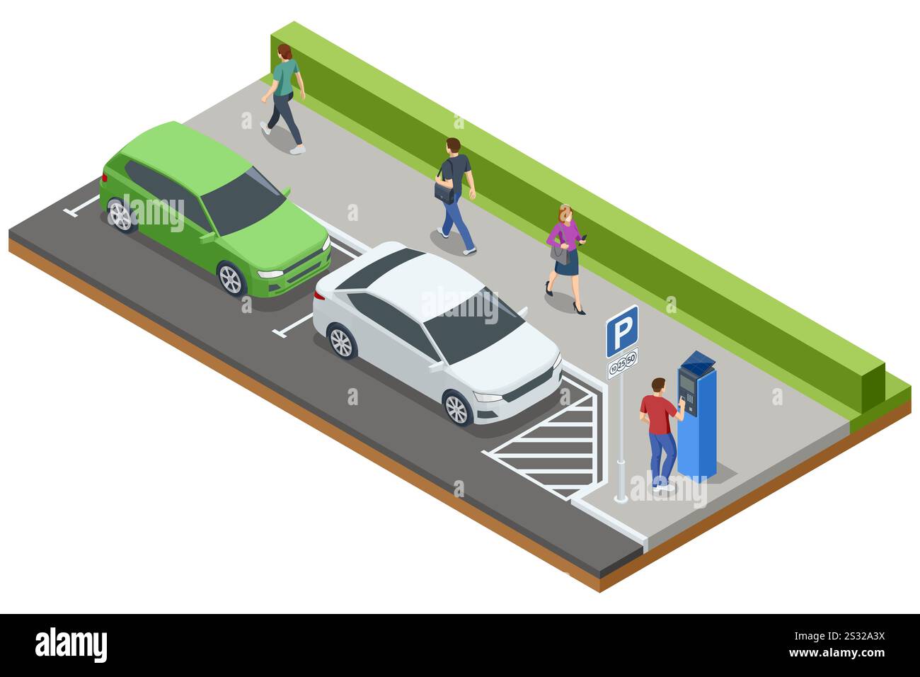 Configurazione di un parcheggio urbano mostrata in una vista isometrica con più auto, pedoni e un parchimetro. Design pulito e ambiente urbano vivace Illustrazione Vettoriale