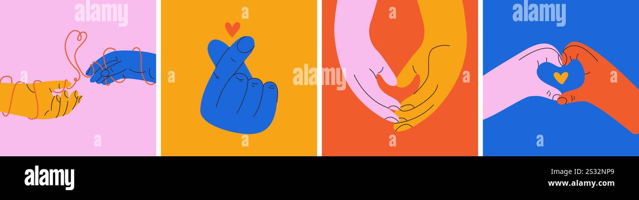 Gesti romantici delle mani. Braccia e palmi umani astratti con diversi segni di amore e cura, mani minimalistiche piatte che mostrano la forma del cuore. Gruppo vettoriale Illustrazione Vettoriale