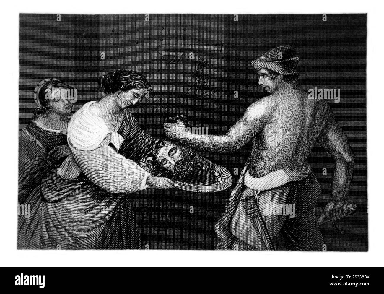 Incisione d'acciaio della figlia di Erodiade che riceve il capo di Giovanni Battista su una piastra di ricarica dalla scrittura illustrata Tallis del 1851 Hist Foto Stock