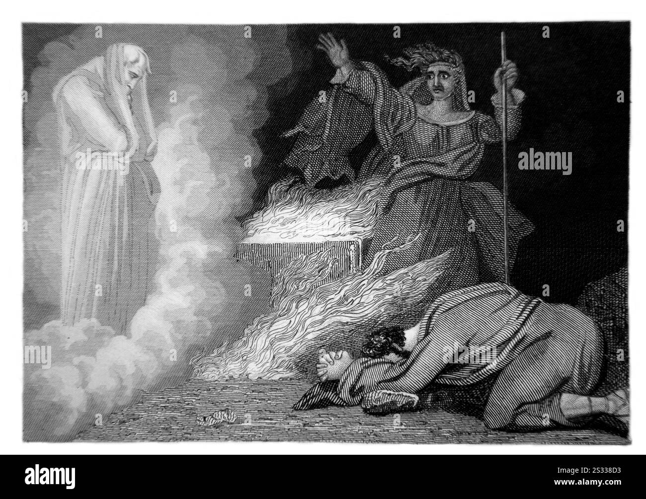 Steel Engraving of Saul and the Witch of Endor (Samuel) - Saul visitò una strega femminile dopo essersi preoccupato dell'esito della battaglia imminente Foto Stock