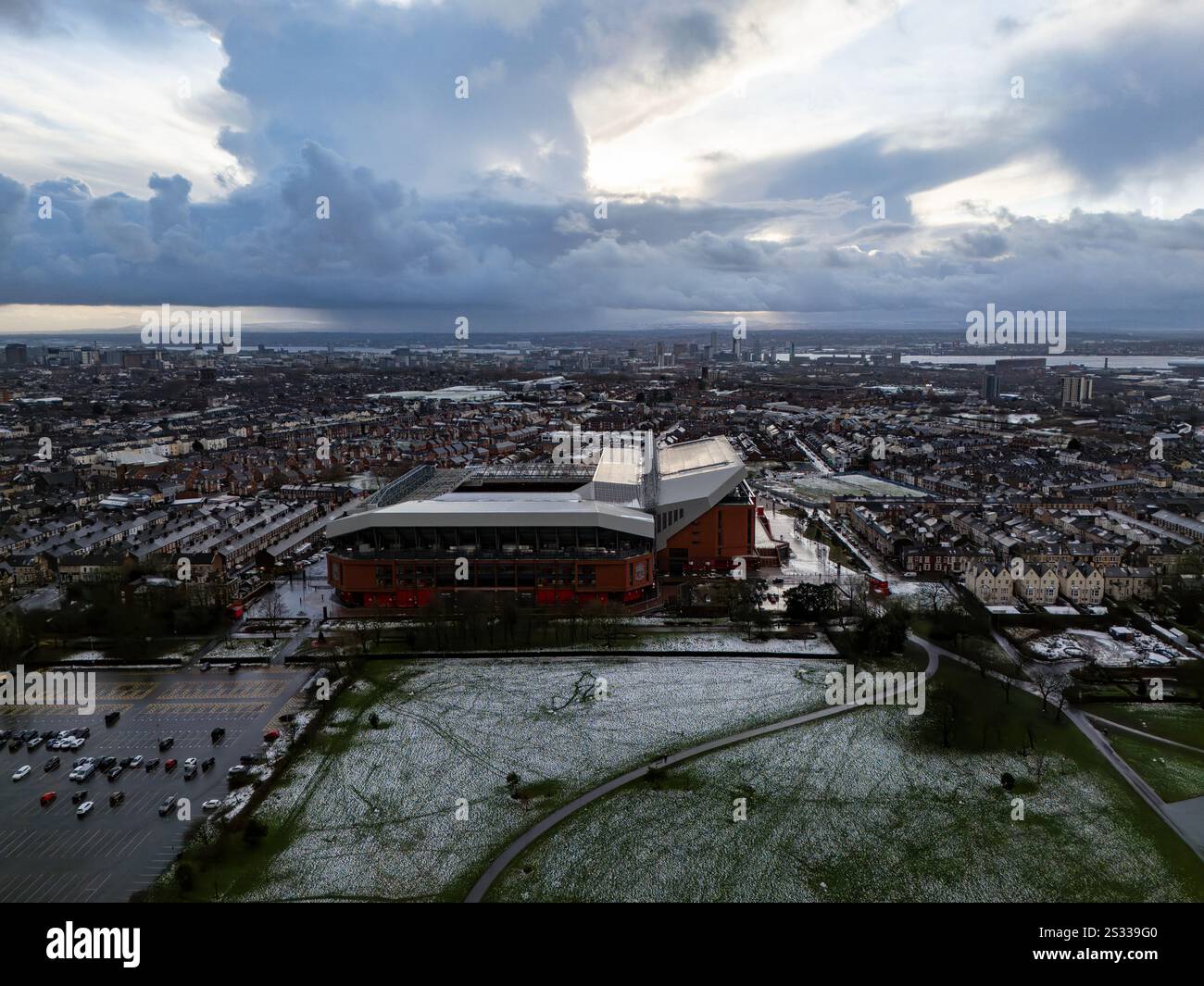 Fotografia aerea dell'Anfield Stadium di Liverpool, Inghilterra, Regno Unito. Foto Stock