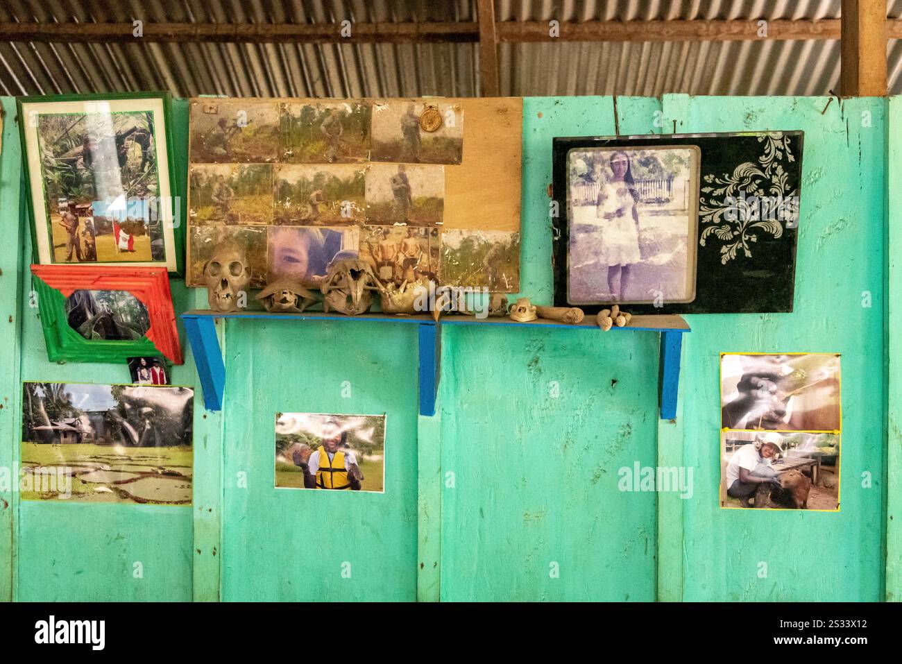 Collage fotografico in una casa della comunità di San Antonio del cacao. Fiume Amazonas, Perú. Foto Stock