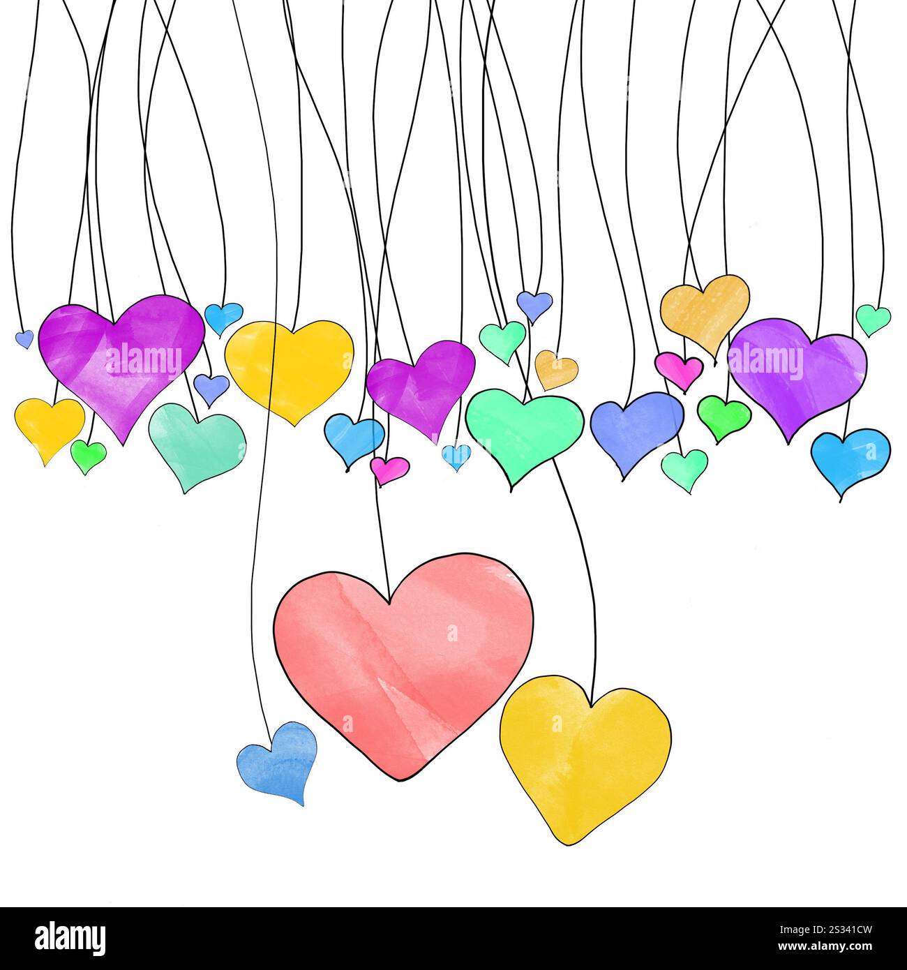 Disegno di colorati cuori appesi su sfondo bianco isolato Foto Stock
