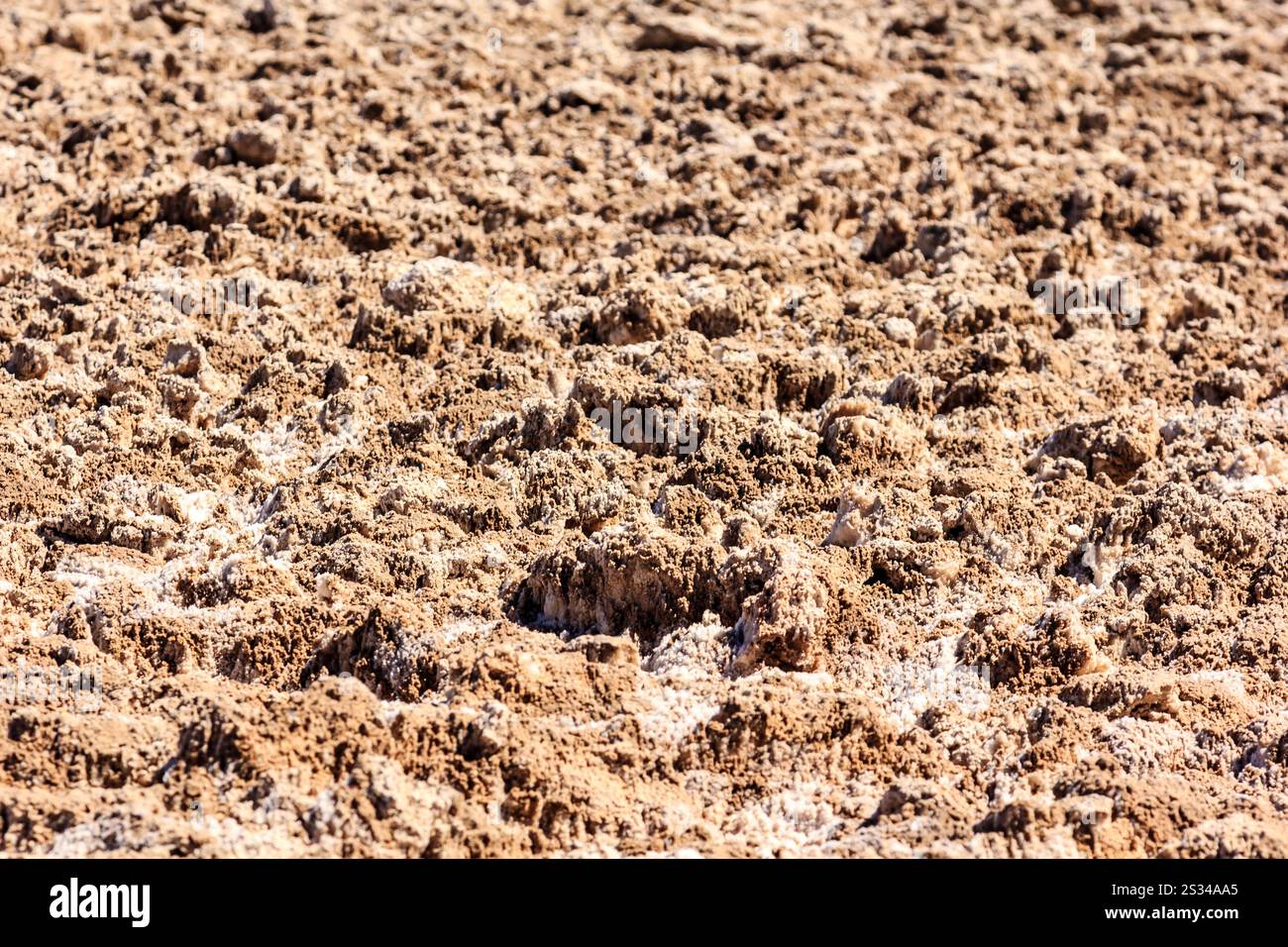 Un paesaggio desertico con molte rocce e sterrato. Il terreno è coperto da piccoli buchi e il cielo è limpido Foto Stock