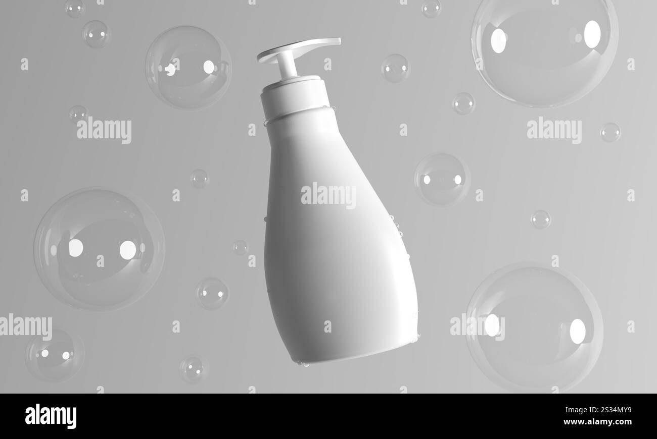 Flacone dispenser a pompa bianca 3d render per sapone, gel doccia o prodotti per la cura della pelle Foto Stock