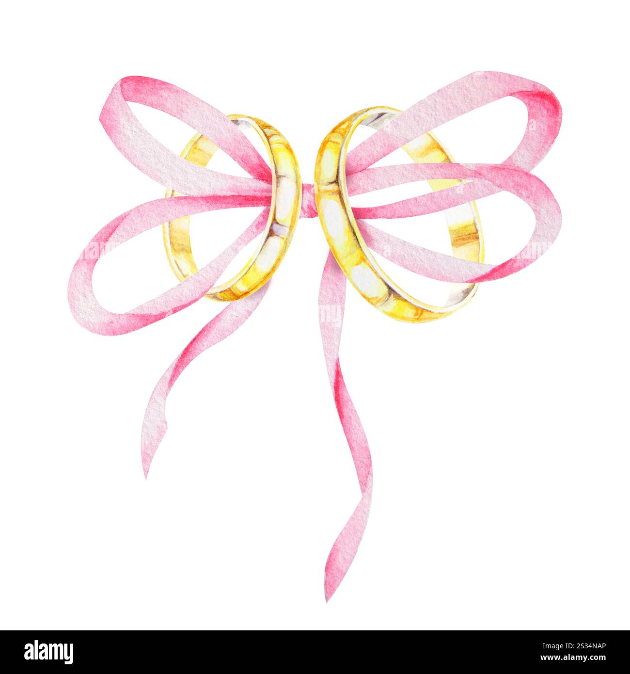 Elegante illustrazione ad acquerello dipinta a mano di due anelli dorati legati con un delicato fiocco rosa. Ideale per matrimoni e cancelleria Foto Stock