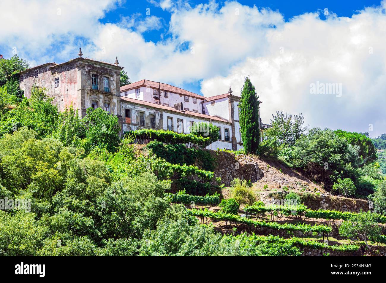 Vista dal fiume Douro verso un edificio nei vigneti, il quartiere di Viseu, Portogallo Foto Stock