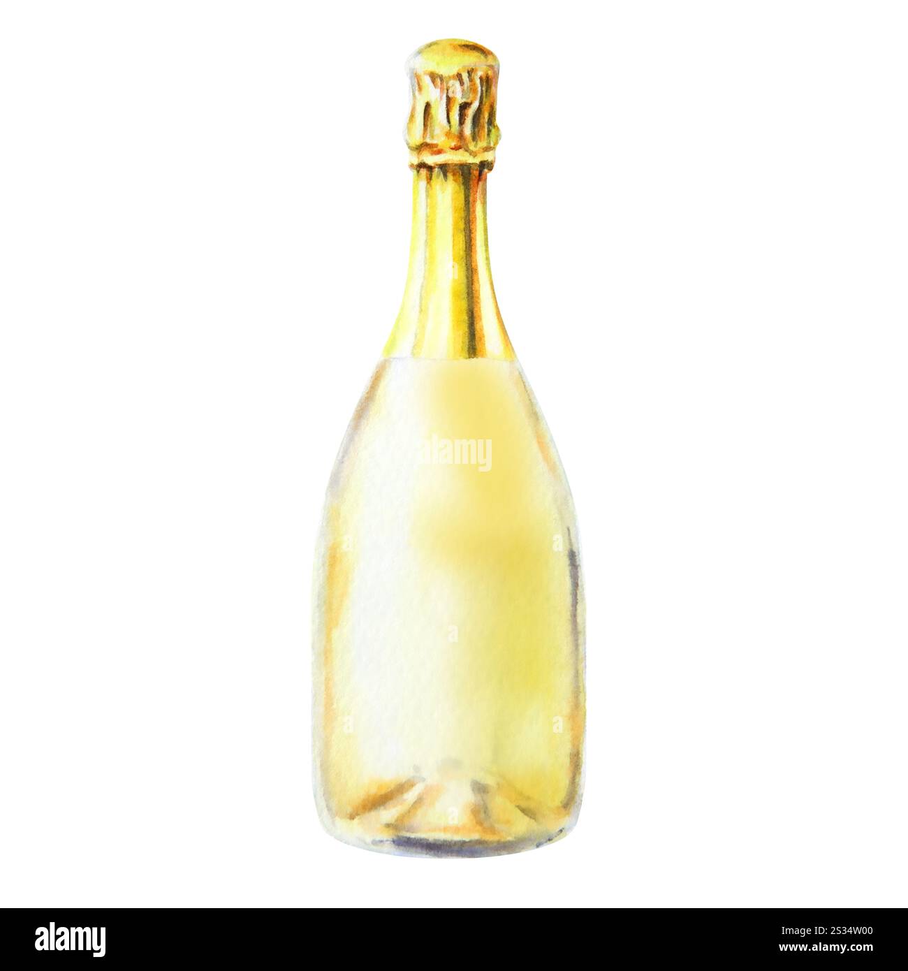 Elegante illustrazione ad acquerello di una bottiglia di champagne con lamina dorata. Dipinti a mano con dettagli, perfetti per l'arredamento di matrimoni, inviti di lusso, feste Foto Stock