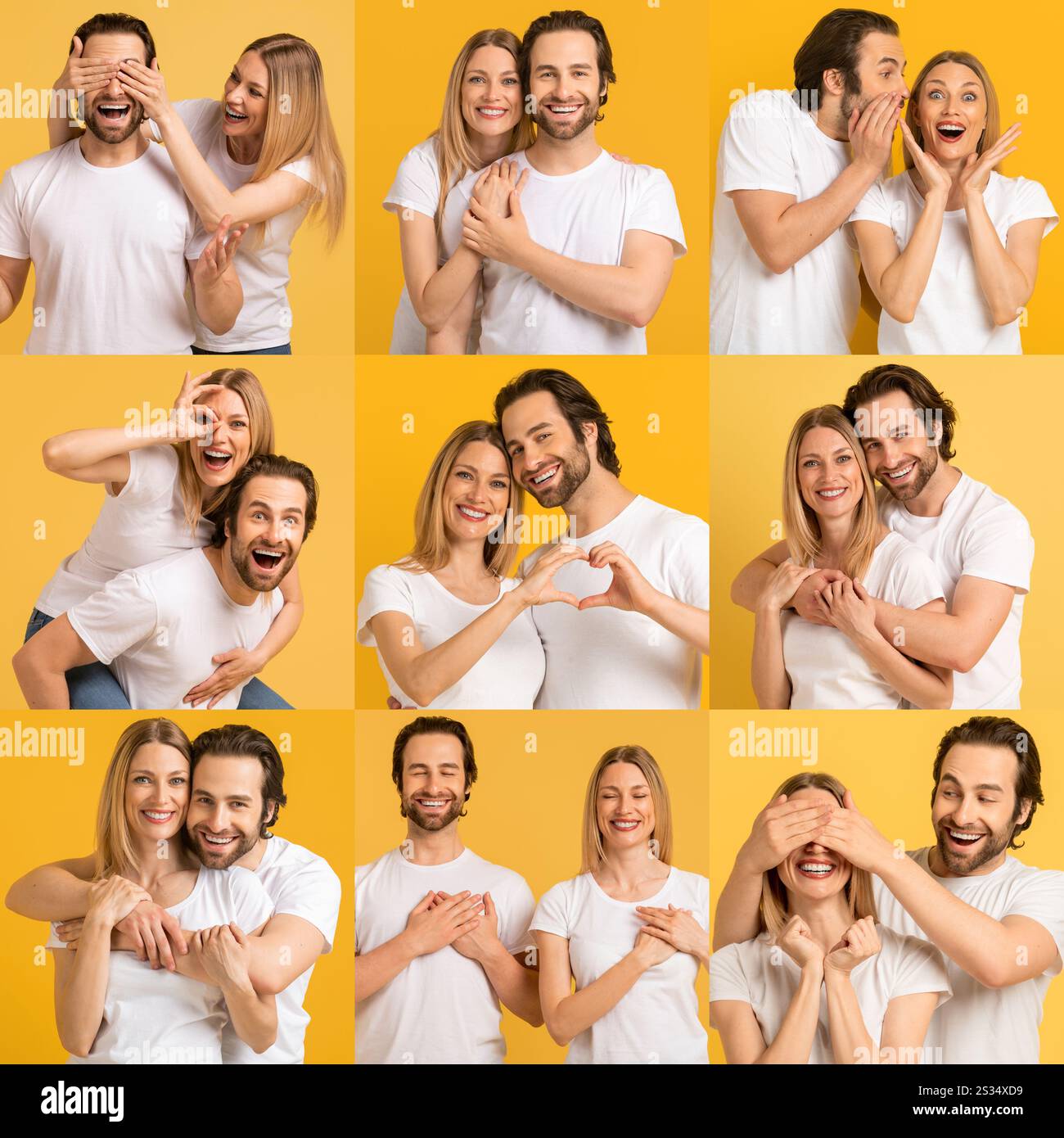 Diverse coppie condividono momenti di gioia in un vibrante collage d'amore Foto Stock