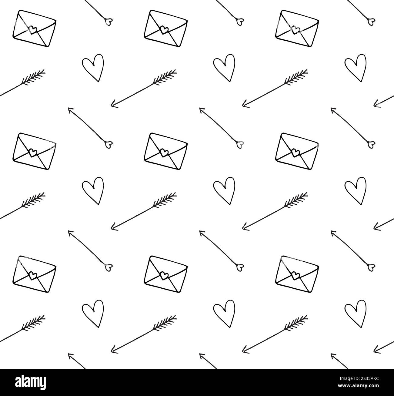 Motivo vettoriale senza cuciture di frecce e lettere del cuore di San Valentino isolato su sfondo bianco Illustrazione Vettoriale