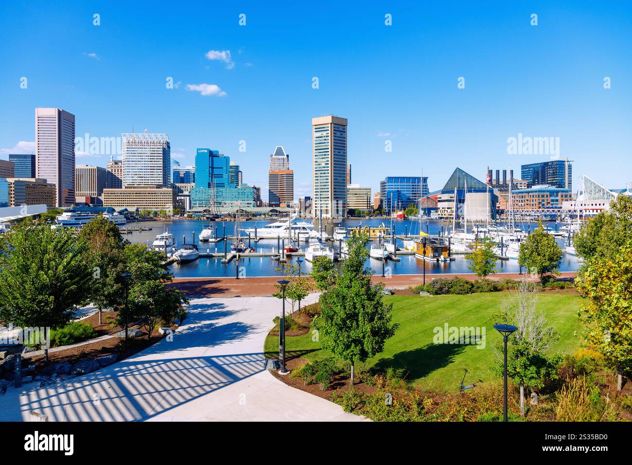 Inner Harbor e Rash Field Park a Baltimora, Maryland, Stati Uniti Foto Stock