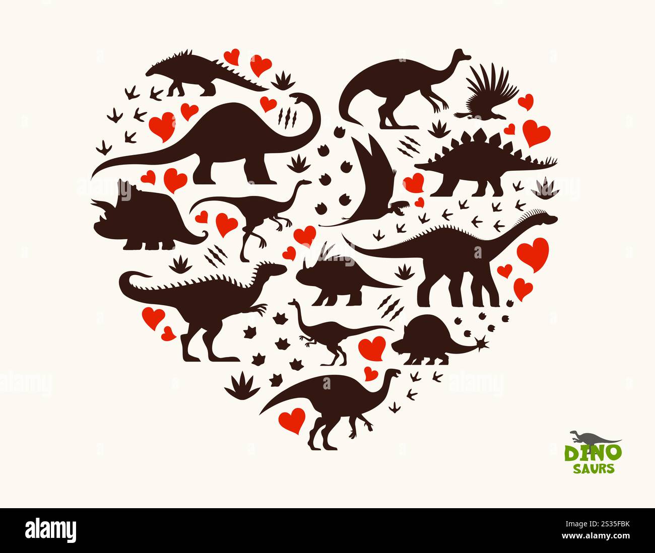 Sagome preistoriche di dinosauro a forma di cuore, dino vettoriale e rettili. triceratops, argentavis, styracosaurus e dinosauri polacanthus, impronte e artigli del Giurassico segnano le silhouette Illustrazione Vettoriale