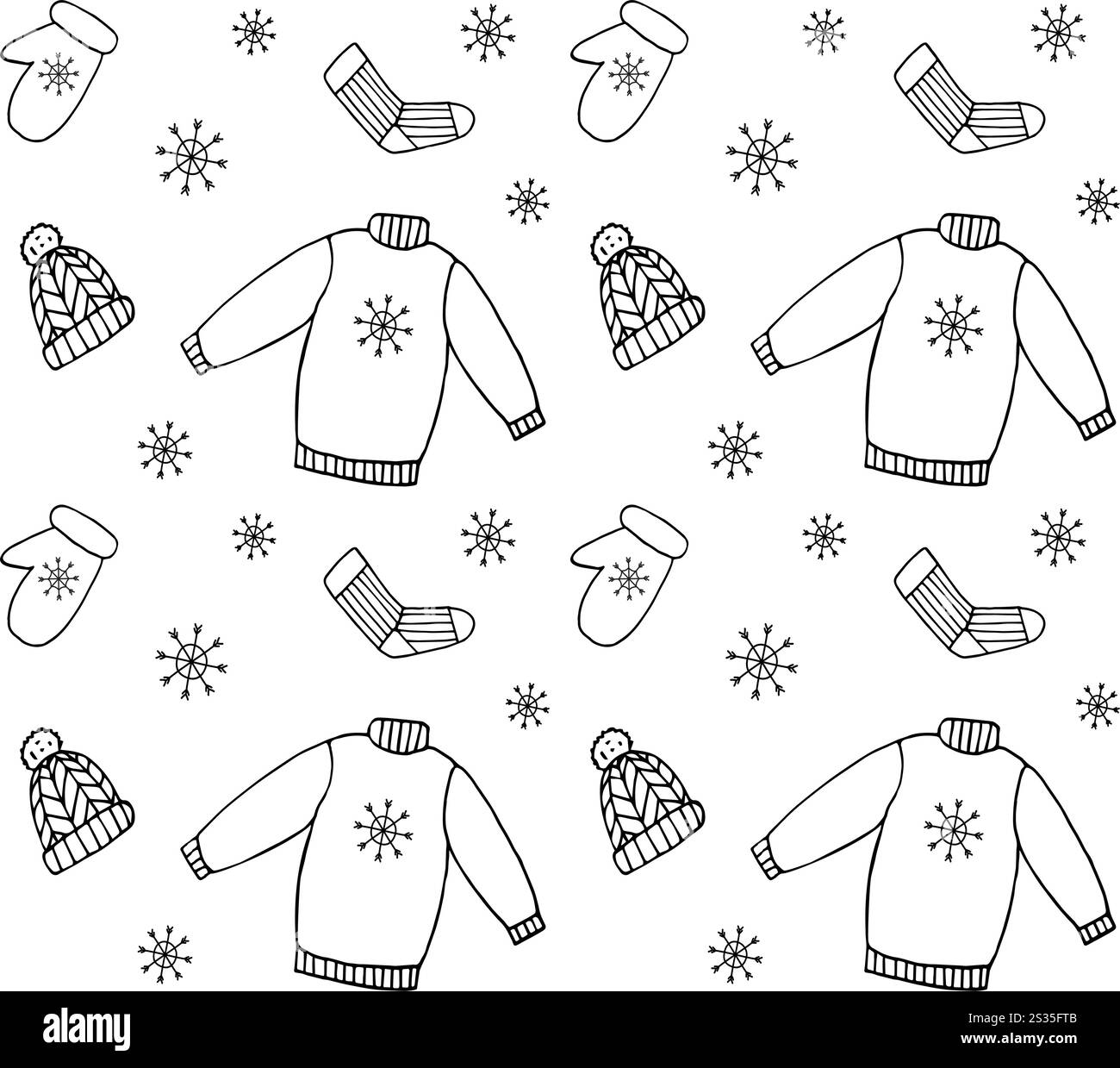 Modello vettoriale senza cuciture di abiti invernali disegnati a mano isolati su sfondo bianco Illustrazione Vettoriale