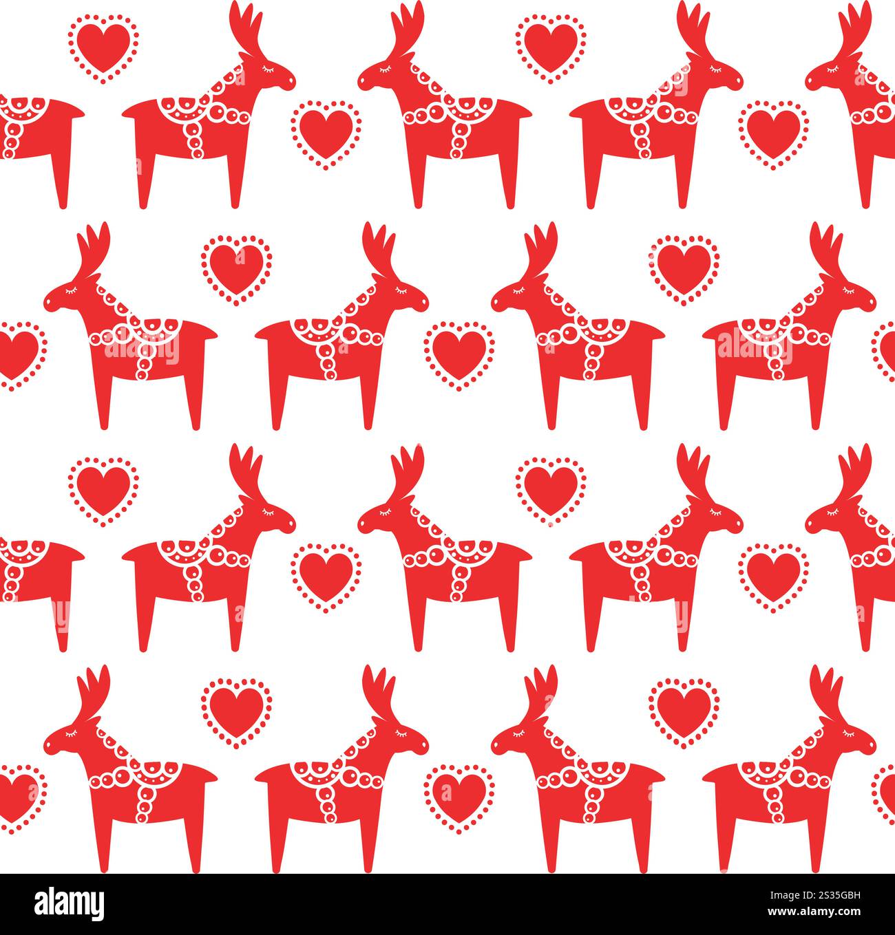 Modello vettoriale senza cuciture di alce di Dala scandinavo di colore rosso piatto isolato su sfondo bianco Illustrazione Vettoriale