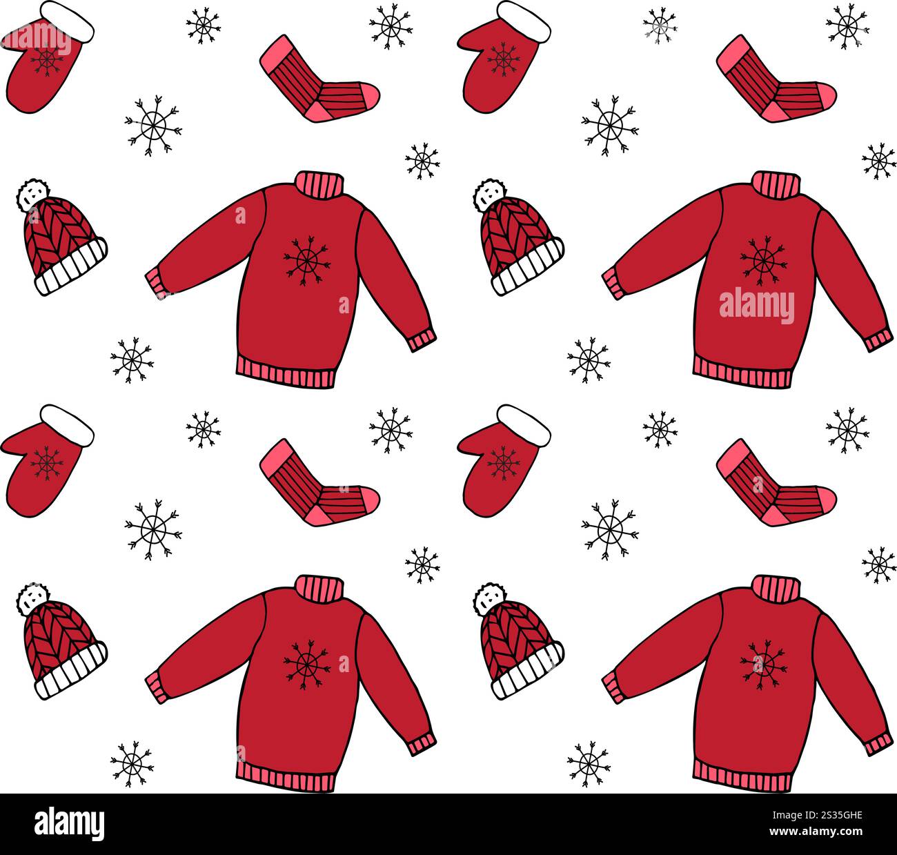 Modello vettoriale senza cuciture di abiti invernali disegnati a mano colorati isolati su sfondo bianco Illustrazione Vettoriale