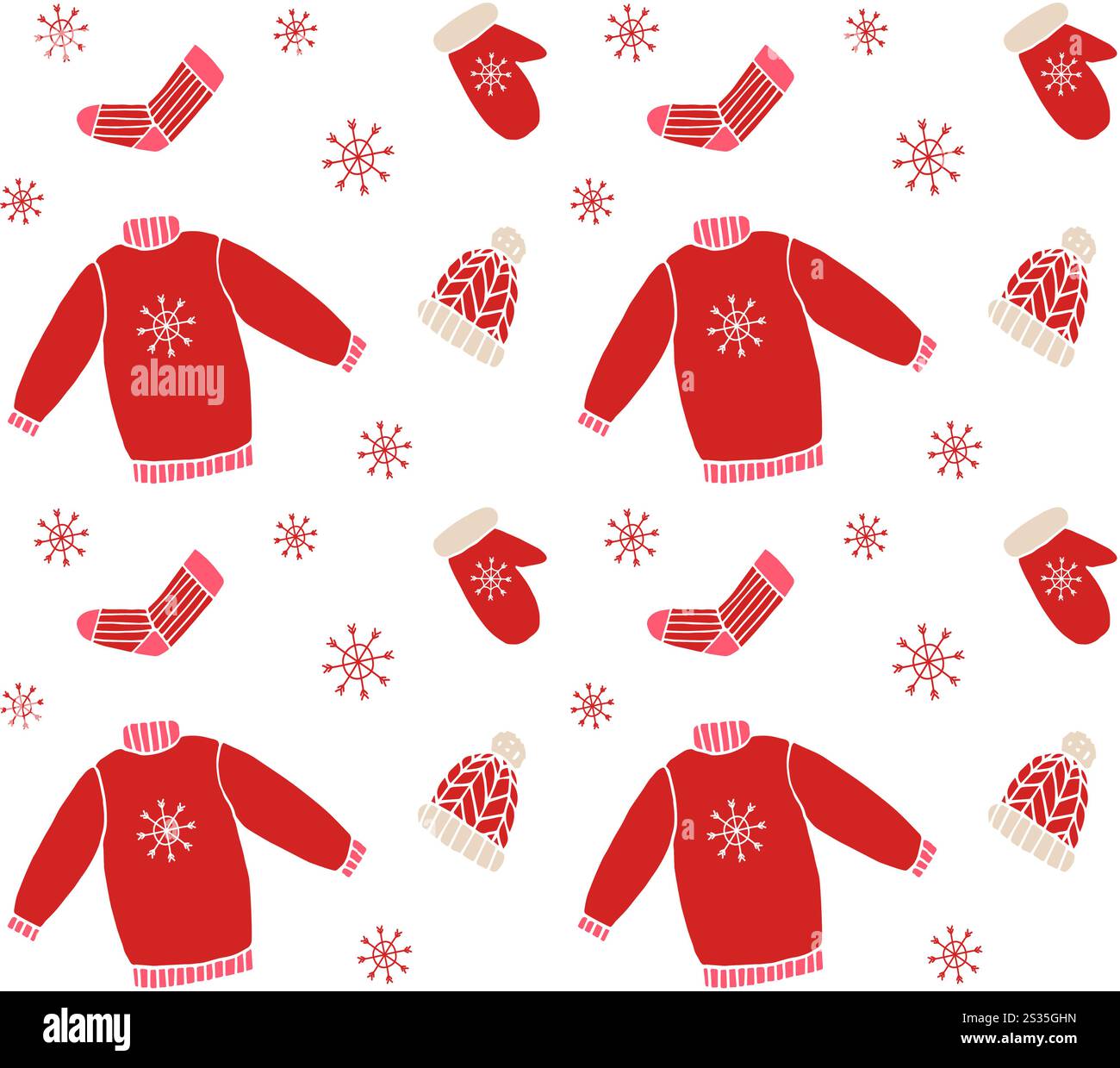 Disegno vettoriale senza cuciture di diversi colori disegnato a mano disegna abiti invernali isolati su sfondo bianco Illustrazione Vettoriale