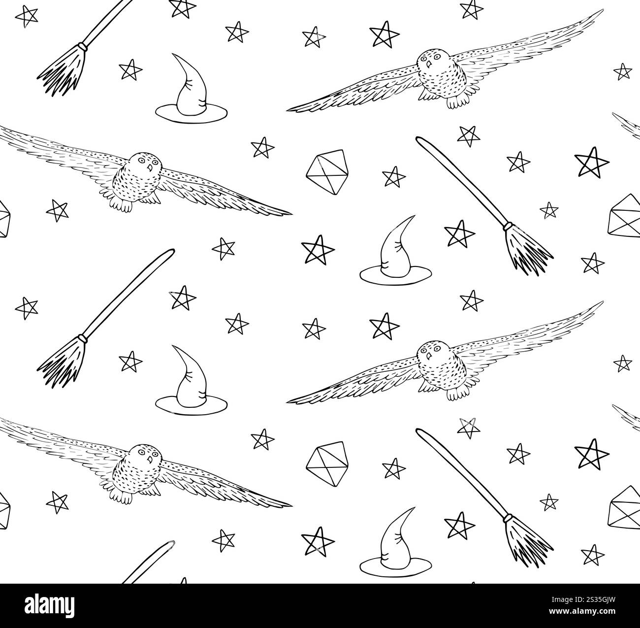 Modello vettoriale senza cuciture di doodle disegnato a mano, cappello e scopa con gufo magico isolati su sfondo bianco Illustrazione Vettoriale