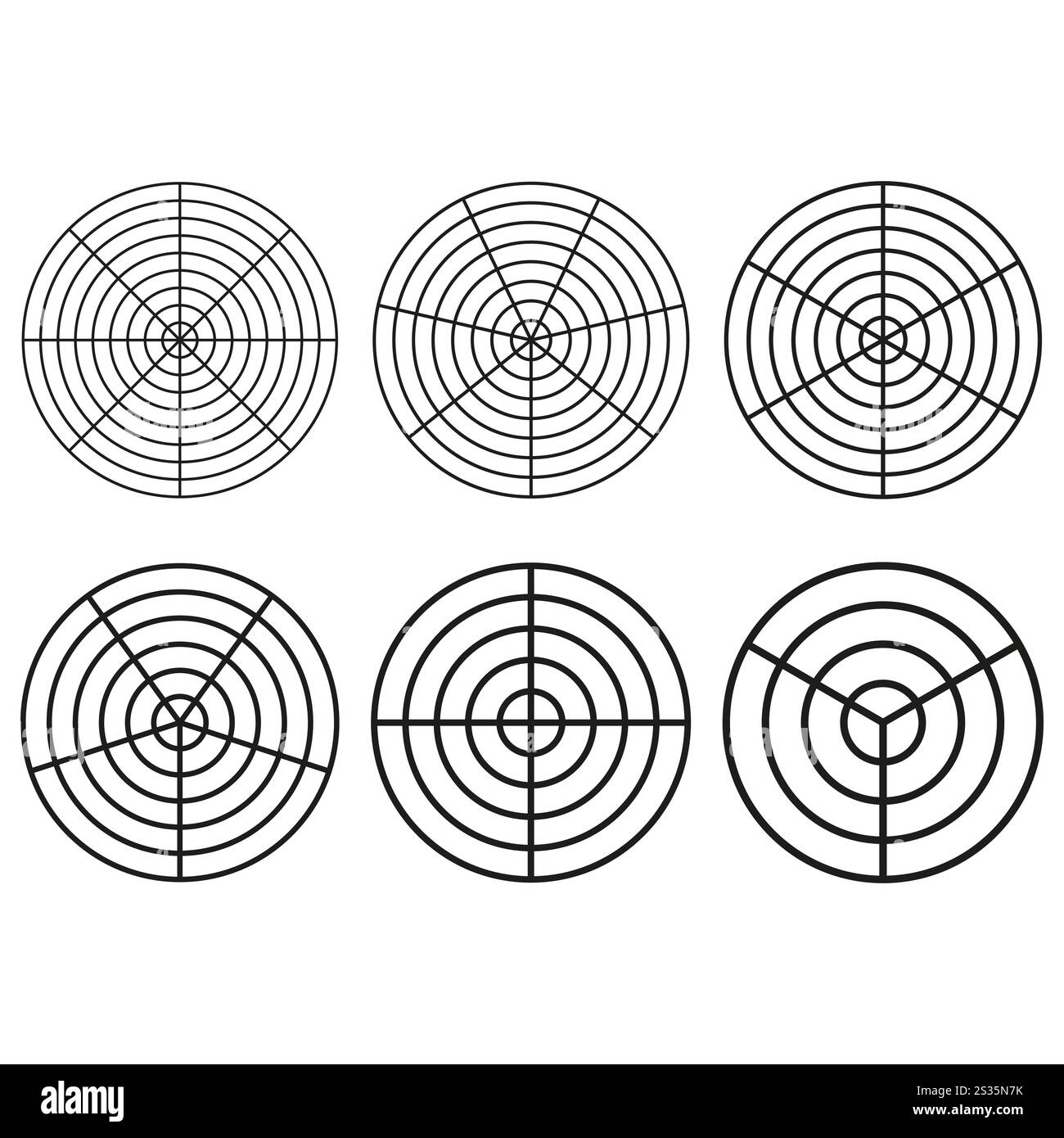 Set di icone di destinazione. Disegni a cerchio concentrico. Contorni neri minimalisti. Forme vettoriali geometriche. Illustrazione Vettoriale