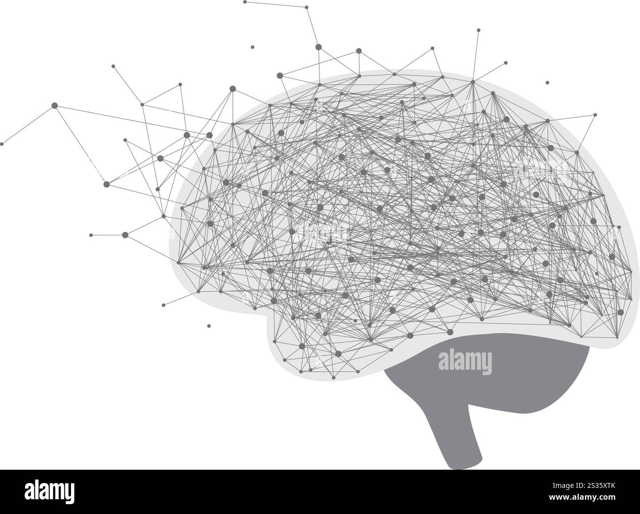 Un cervello con molte linee e punti sopra. Il cervello è bianco e nero. Le linee e i punti sono collegati tra loro Illustrazione Vettoriale