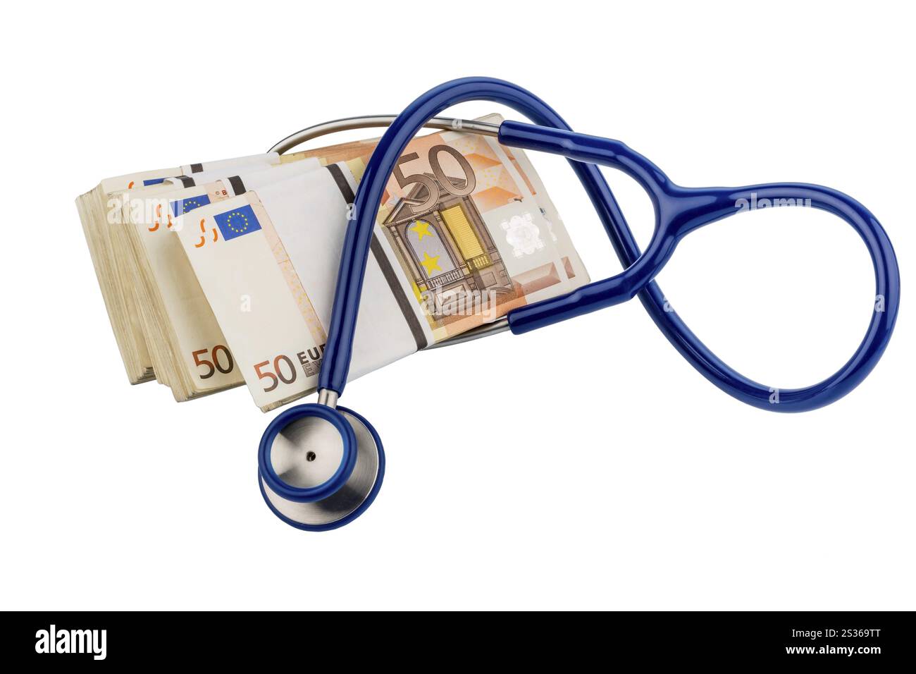 Stetoscopio e banconote in euro, foto simbolica per l'unione monetaria, stabilità e rischi per l'euro Austria Foto Stock