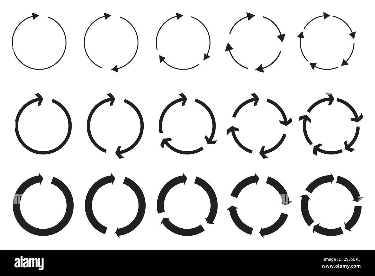 Scorrere le icone delle frecce. Simboli di movimento circolare. Vettore di rotazione nero. Design a flusso continuo. Illustrazione Vettoriale