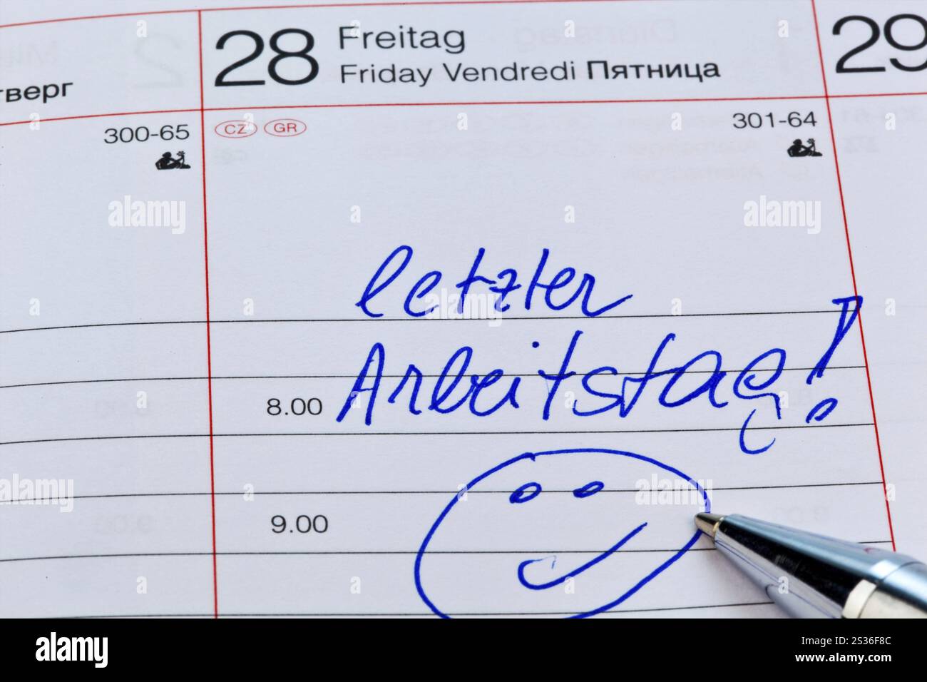 Diario dell'appuntamento, entrata dell'ultimo giorno lavorativo, foto simbolo per la pensione e la pensione Foto Stock
