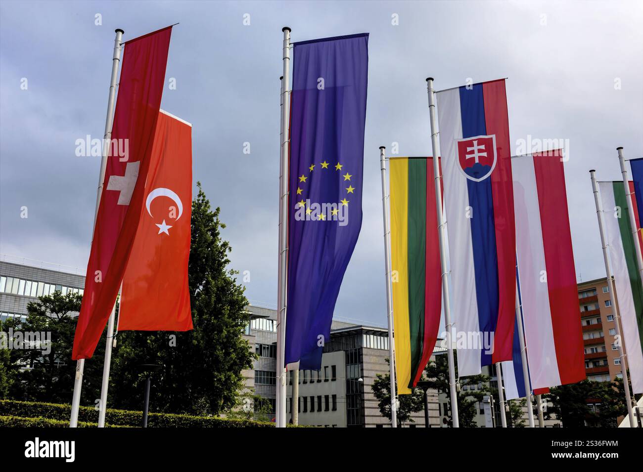 Bandiera europea e altre bandiere che simboleggiano la diplomazia e la cooperazione internazionale dell'Austria Foto Stock