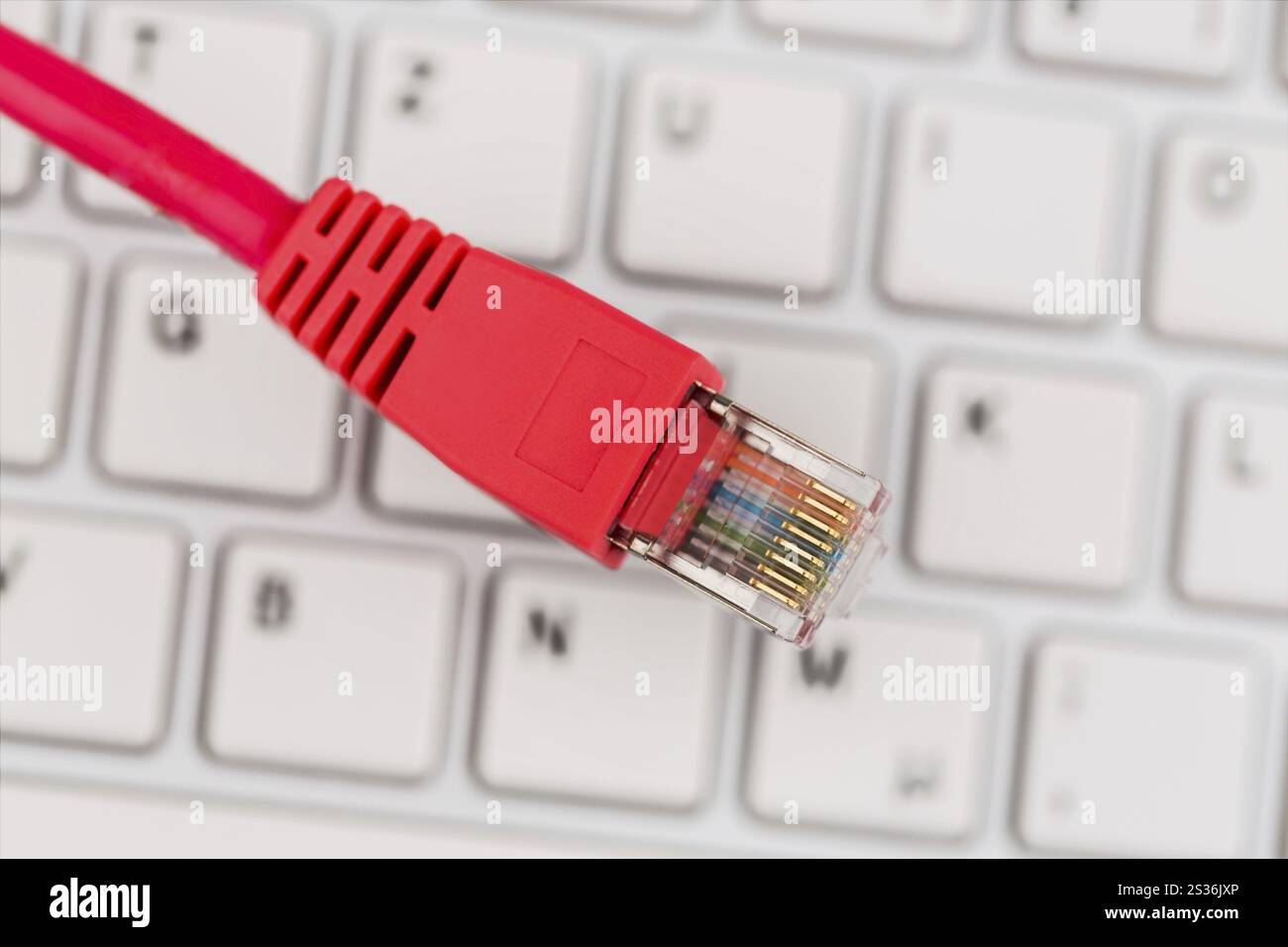 Cavo di rete su tastiera, foto simbolica per tariffa fissa, e-commerce, comunicazione globale Austria Foto Stock