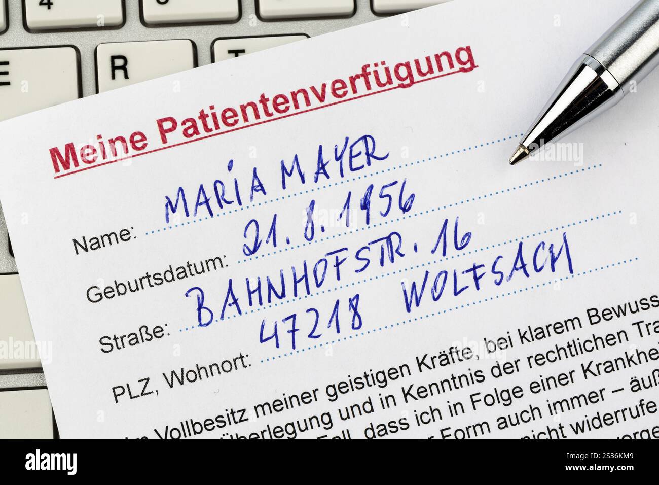 Un testamento vivo in tedesco. Istruzioni per il medico o l'ospedale in caso di malattia terminale. Austria Foto Stock