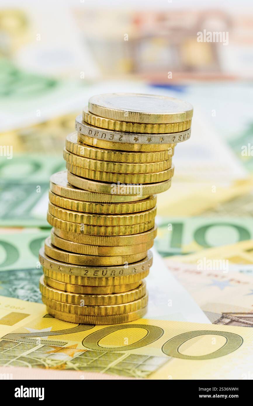 Una pila unica di monete, foto simbolica per la pianificazione finanziaria, gli investimenti finanziari, gli investimenti Austria Foto Stock