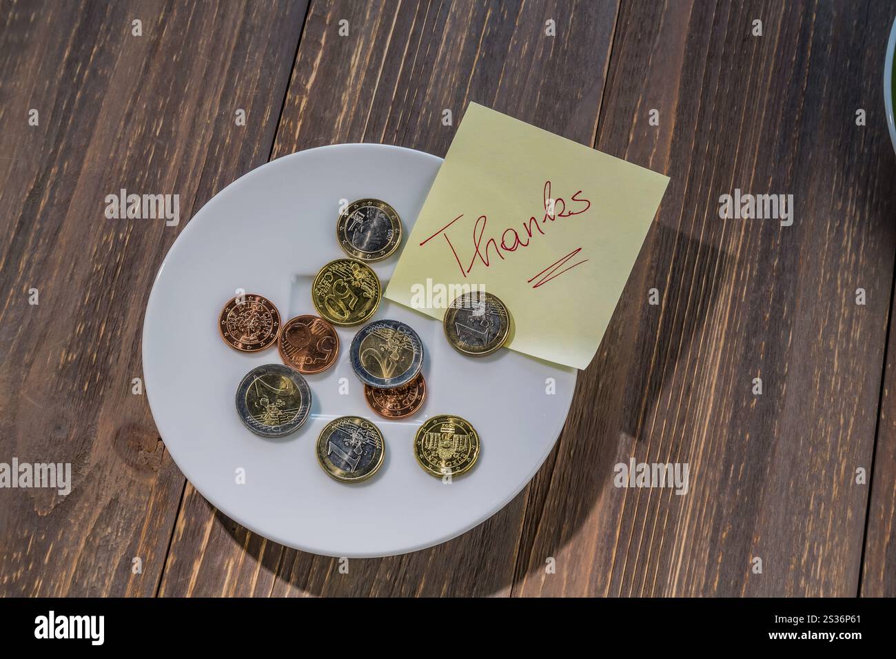 Un piatto con monete per mance o spese igieniche. In lingua inglese Austria Foto Stock