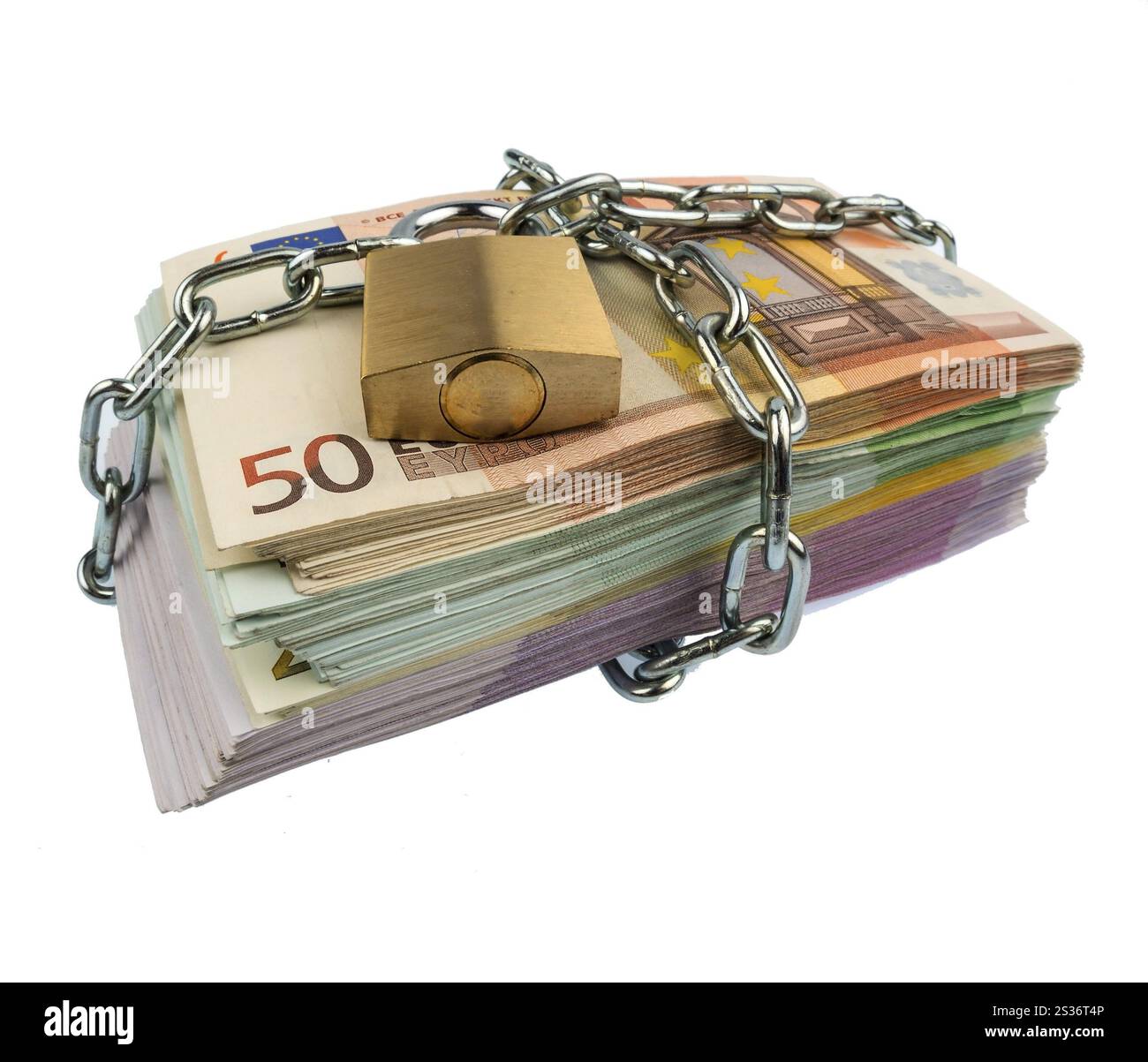 Banconote in euro con catena e lucchetto foto simbolica per la sicurezza e l'inflazione Foto Stock