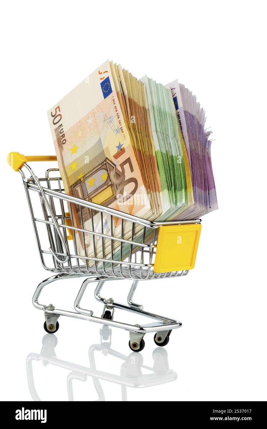 Banconote in euro in un carrello della spesa, foto simbolica del potere d'acquisto, dello shopping, della stampa del denaro e dell'inflazione Austria Foto Stock