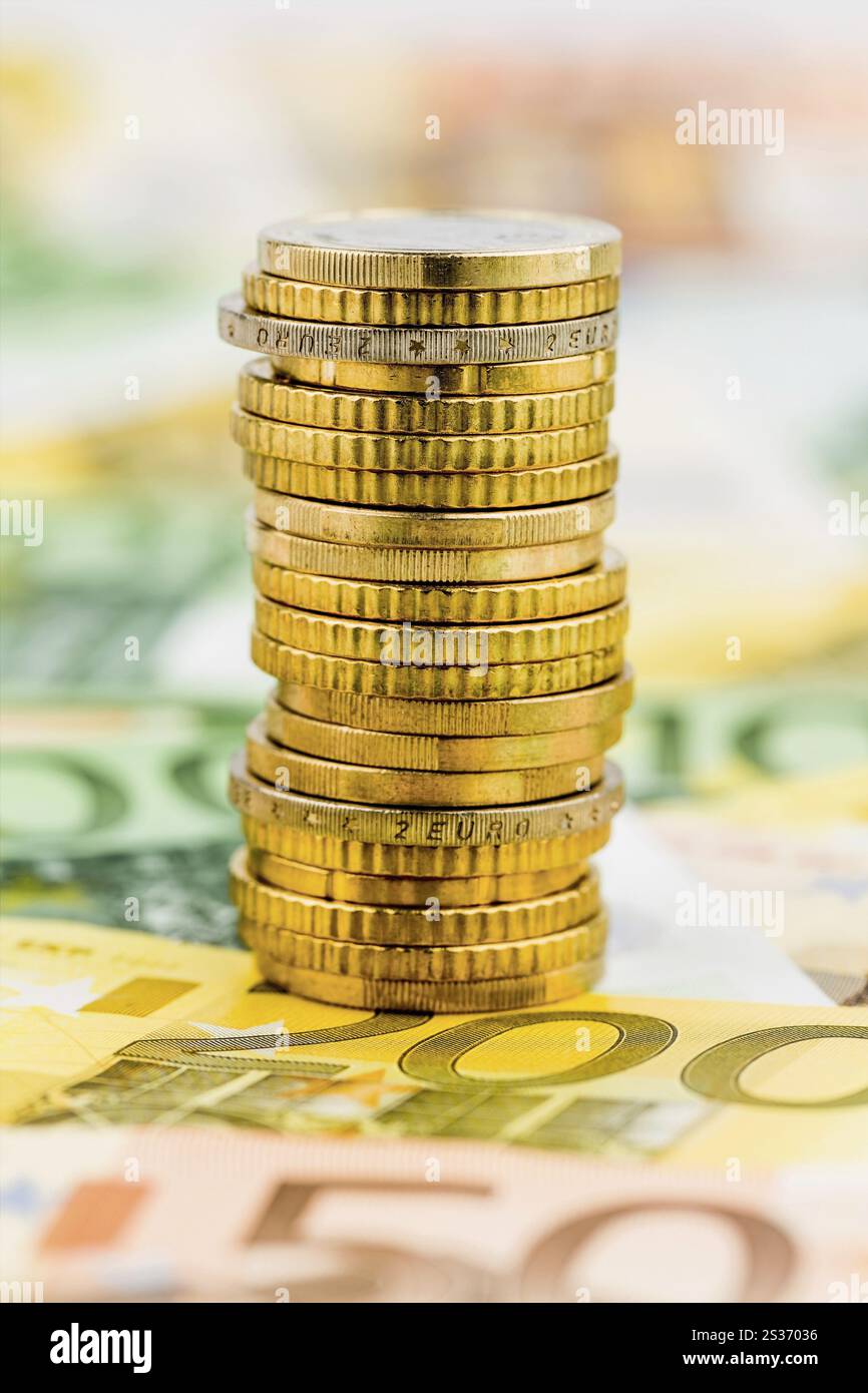 Una pila unica di monete, foto simbolica per pianificazione finanziaria, investimenti, investimenti Foto Stock