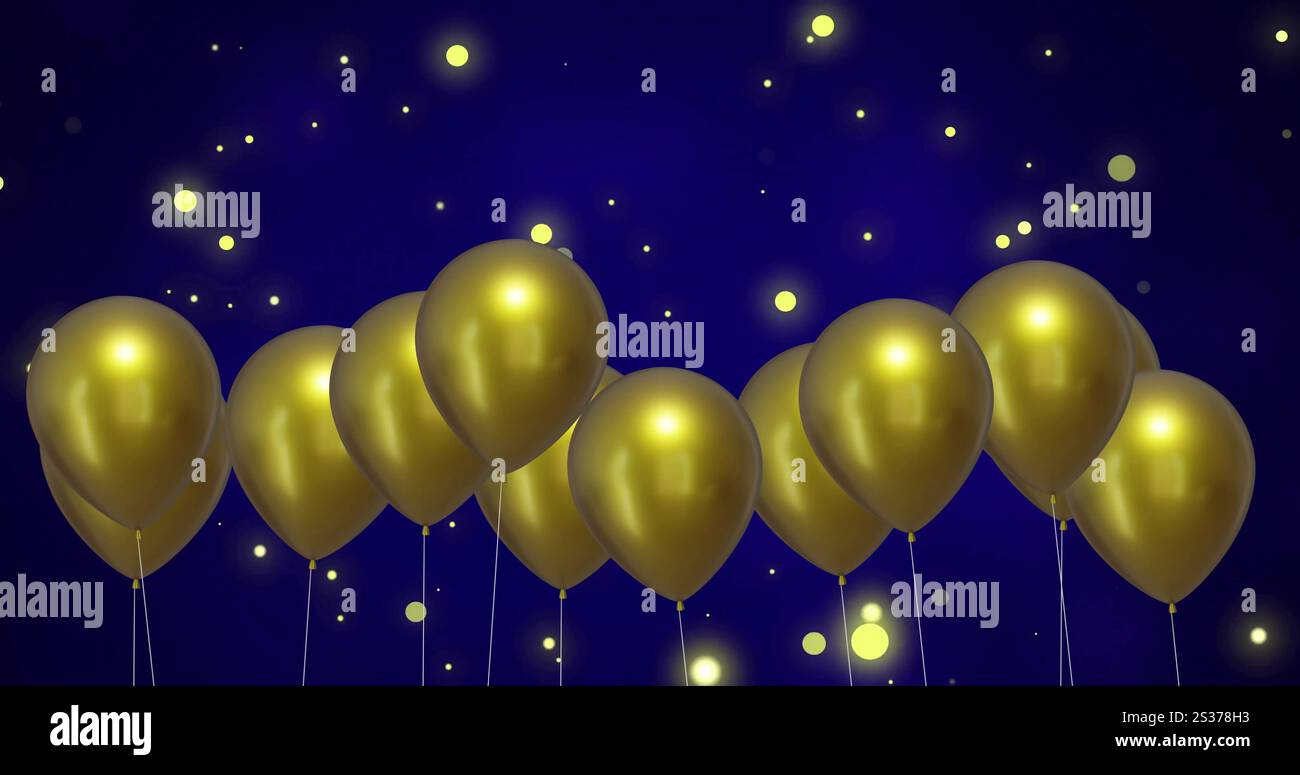 Immagine di palloncini dorati con luci accese su sfondo blu Foto Stock