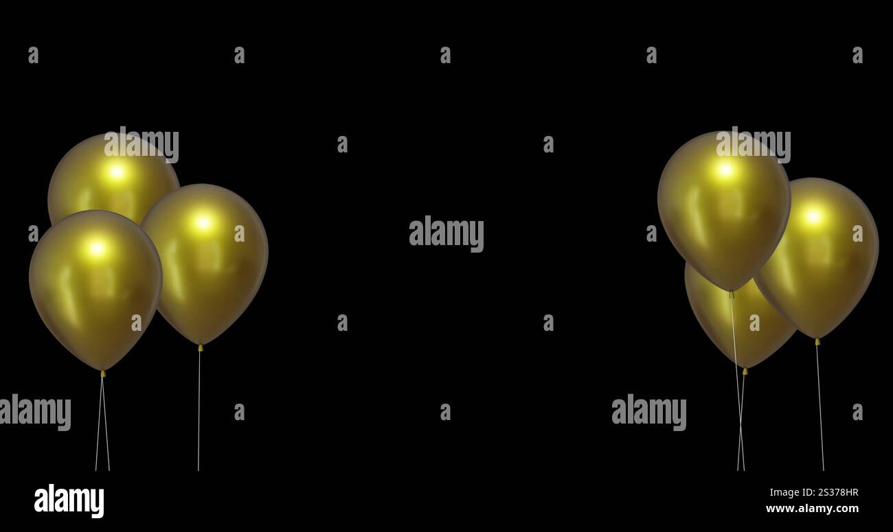 Immagine di palloncini dorati con spazio di copia su sfondo nero Foto Stock