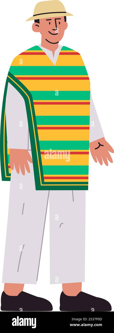 Uomo messicano che indossa il tradizionale abito messicano Poncho Tradition, abito tradizionale, motivo del patrimonio culturale, carattere colorato, espressione di un'icona del design del viso sorridente Illustrazione Vettoriale