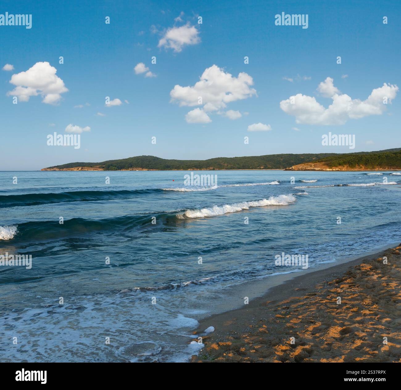 Bella costa del mare vista serale da spiaggia con onde da surf e sun la riflessione sulla sabbia. Foto Stock