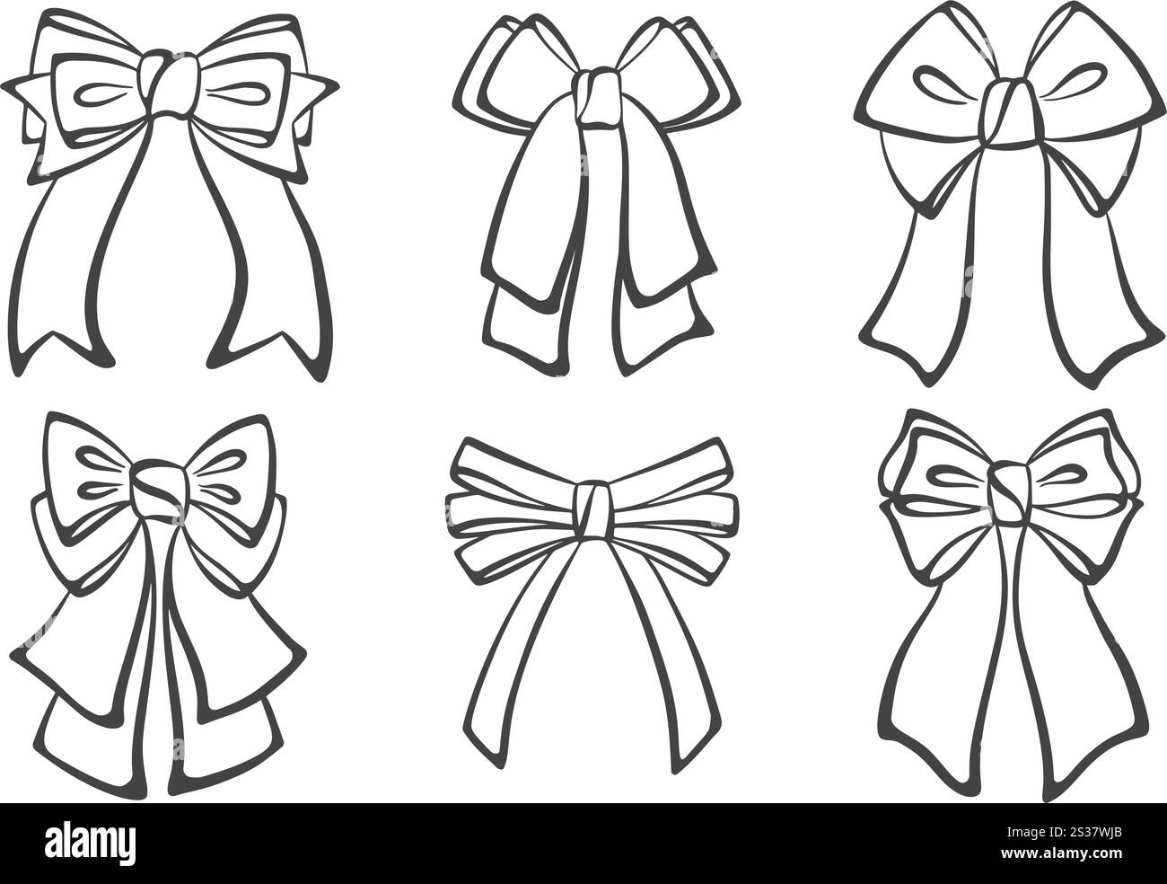 Fiocco a nastro e cravatta con nodo per capelli. Simpatico disegno nero a doodle. Accessorio decorativo femminile vintage disegnato a mano. Elementi di moda per Illustrazione Vettoriale