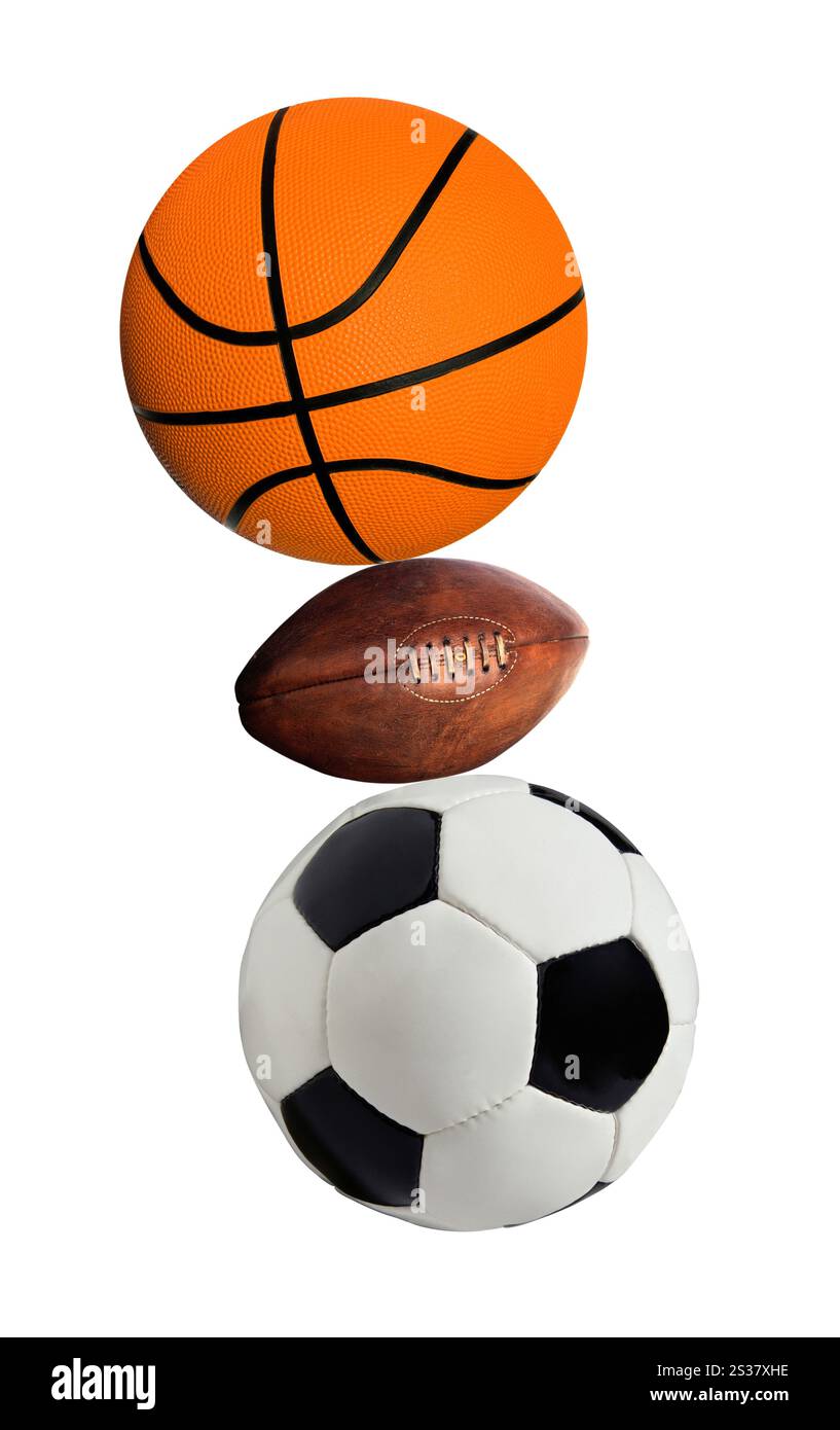 Un gruppo di palline sportive su un bianco. gruppo di palline sportive su un bianco Foto Stock