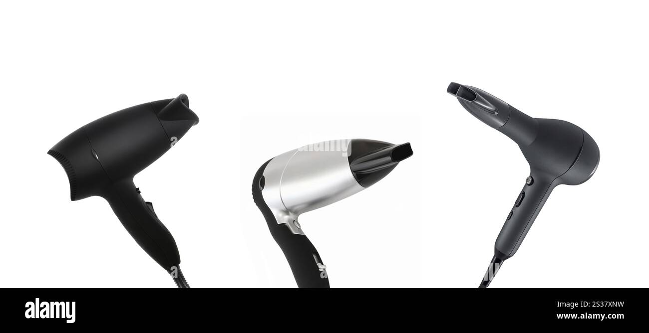 Asciugacapelli isolato su sfondo bianco. Asciugacapelli Foto Stock