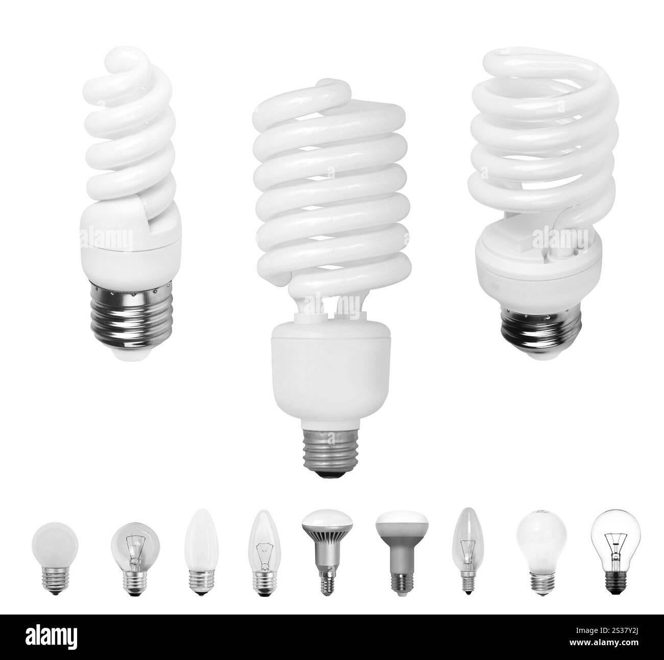 Diversi vecchi tipi di lampadine e lampadine moderne isolate. Diversi vecchi tipi di lampadine e lampadine moderne Foto Stock