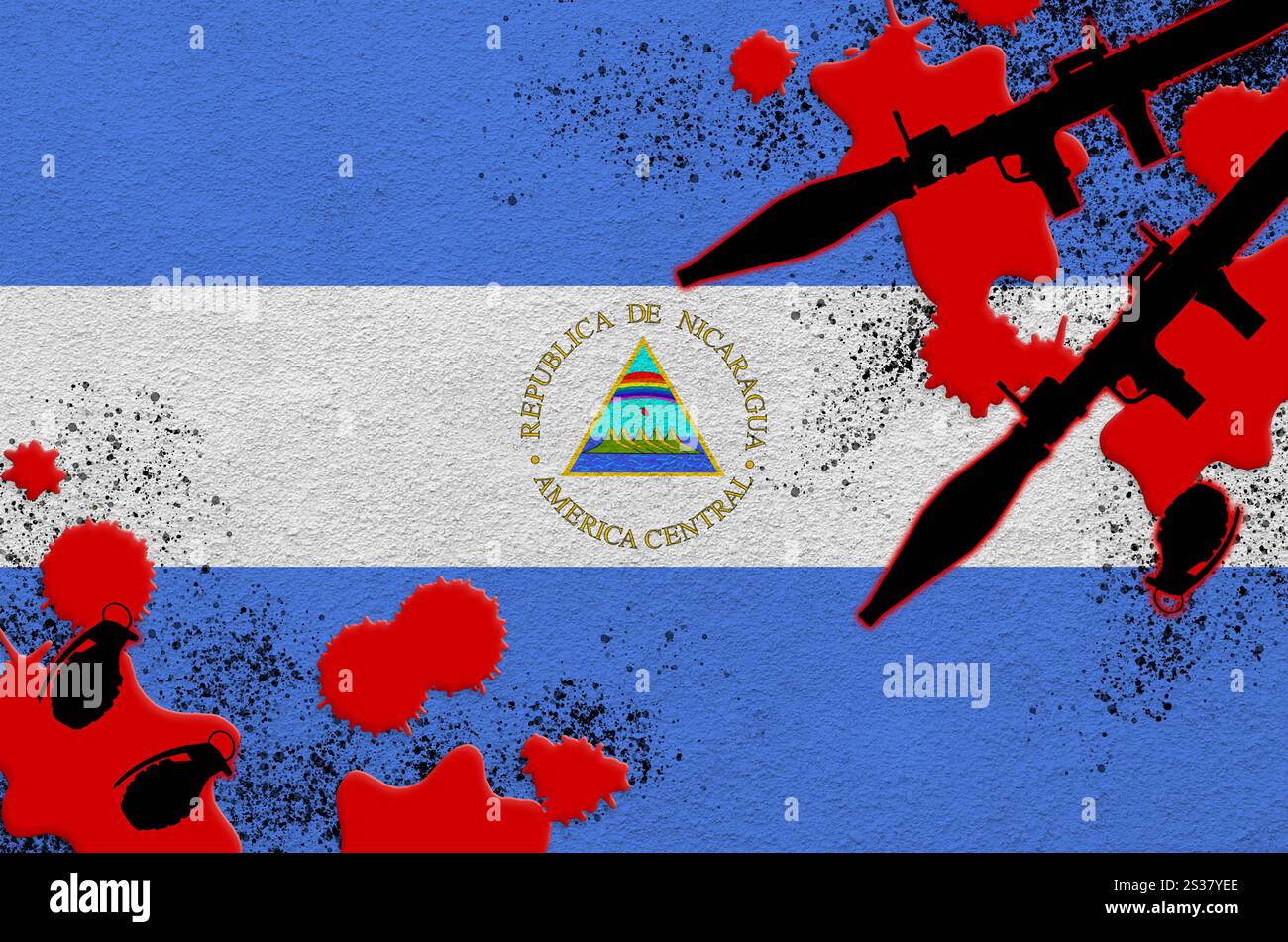 Bandiera del Nicaragua e lanciarazzi con granate di sangue. Concetto di attacco terroristico e operazioni militari. Traffico di armi. Bandiera del Nicaragua e. Foto Stock