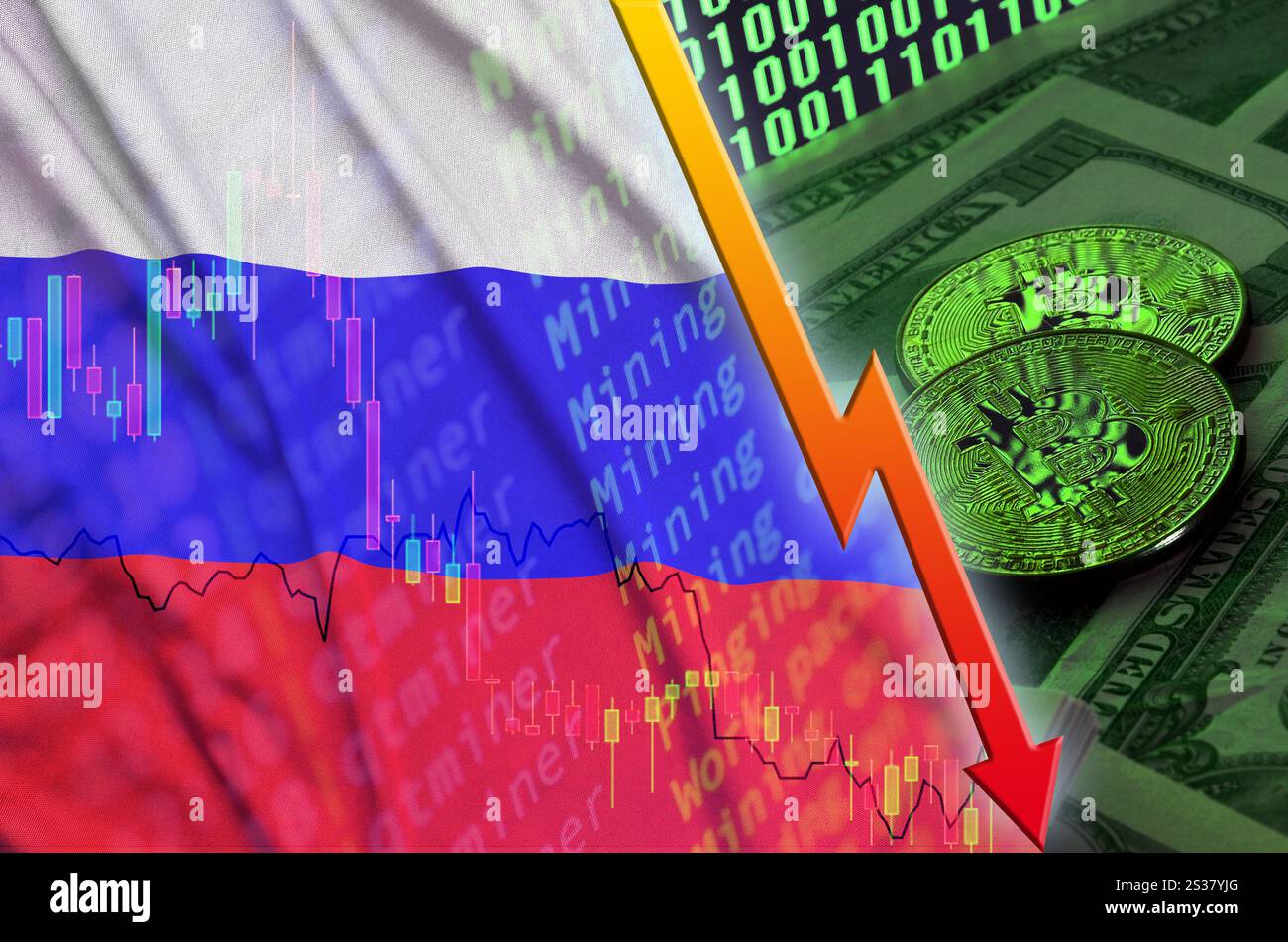 Bandiera della Russia e cryptocurrency tendenza decrescente con due bitcoins sulle fatture del dollaro e il codice binario display. Concetto di Bitcoin di riduzione del prezzo e di bad Foto Stock